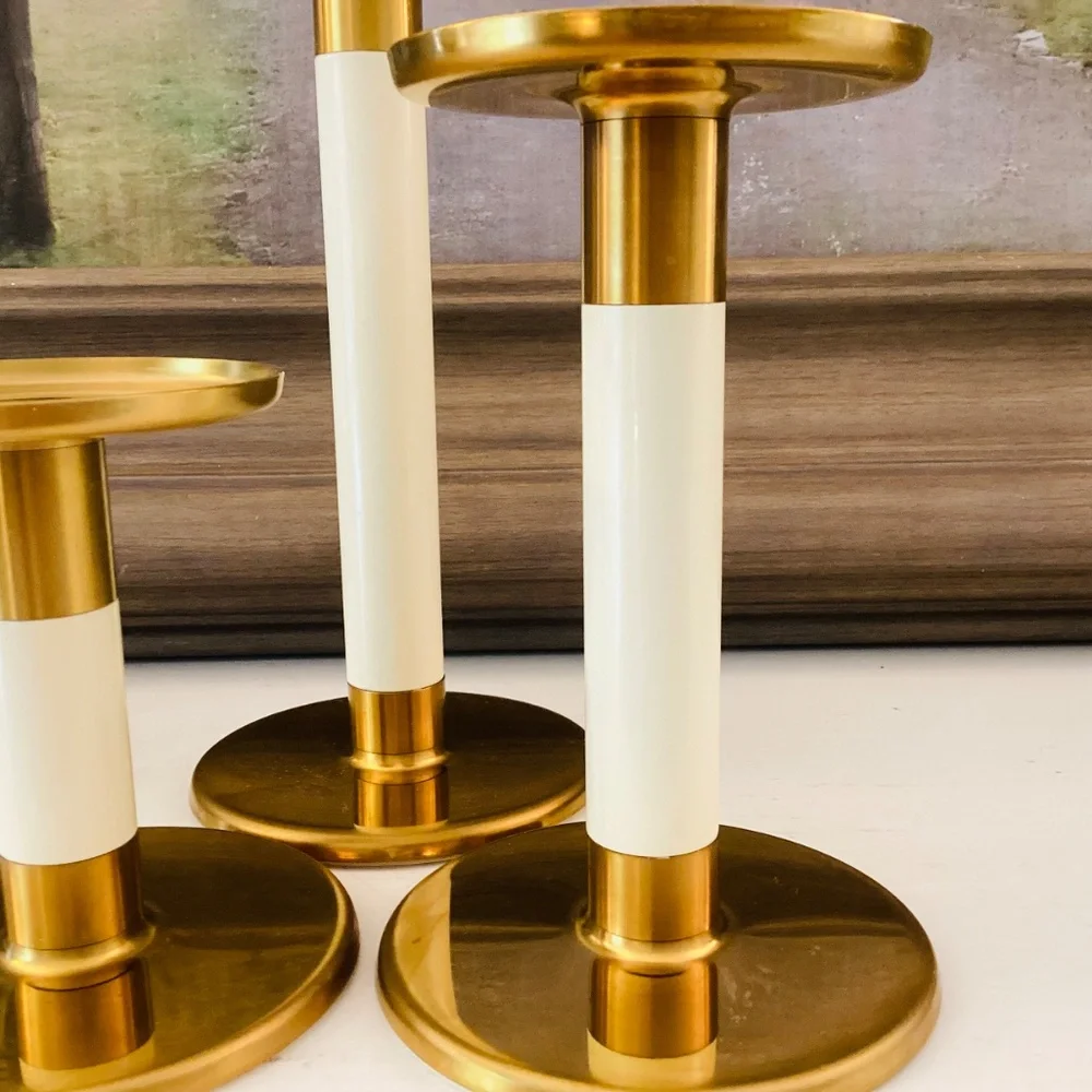 set of 3 IKEA Glittrig candlesticks gold and ivory Discontinued Tapered Pillar
